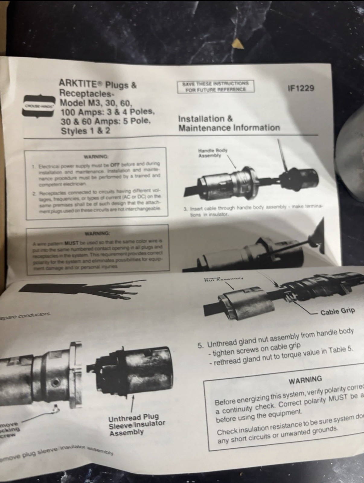 ARKTITE Plugs & Receptacles-Model M3, 30, 60 100 Amps IF1229 : Crouse Hinds