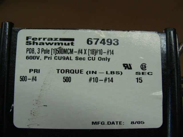 FERRAZ SHAWMUT POWER DISTRIBUTION BLOCK 67493 3P 600V