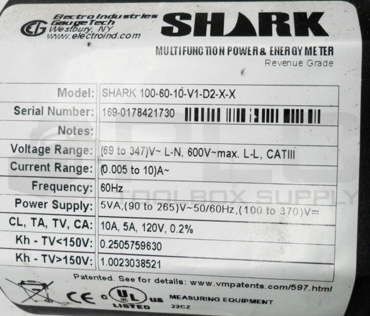 ELECTRO INDUSTRIES SHARK 100-60-10-V1-D2-X-X MULTIFUNCTION POWER & ENERGY METER