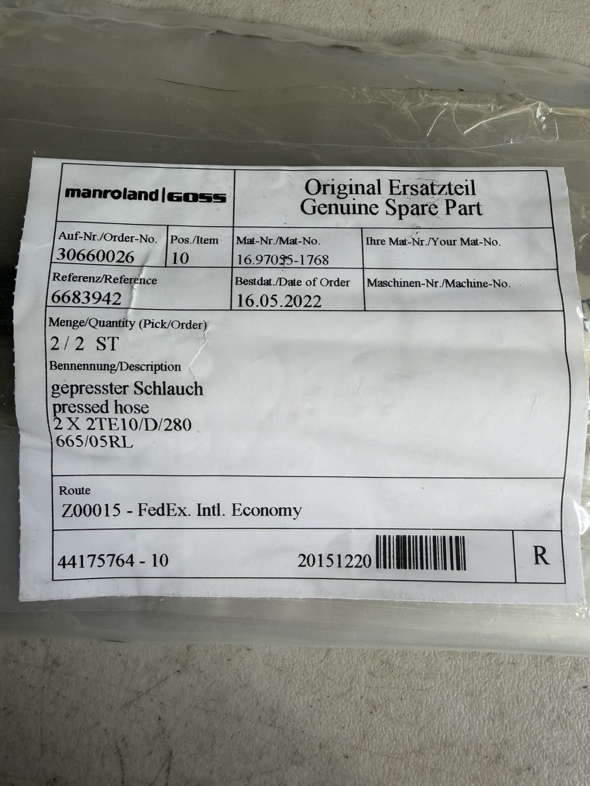 Manroland Goss 16.97055-1768 Pressed Hose Assembly 2 X 2TE10/D/280 665/05RL