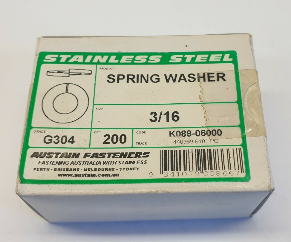 Box of 200 Austain Fasteners 3/16″ G304 Spring Washers 304SS K088-06000