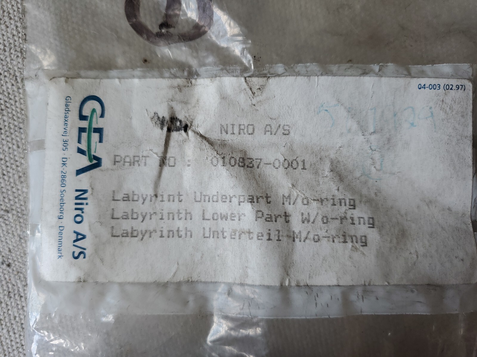 GEA Niro 010837-0001 Labyrinth Lower Part With O-Ring S10/0903