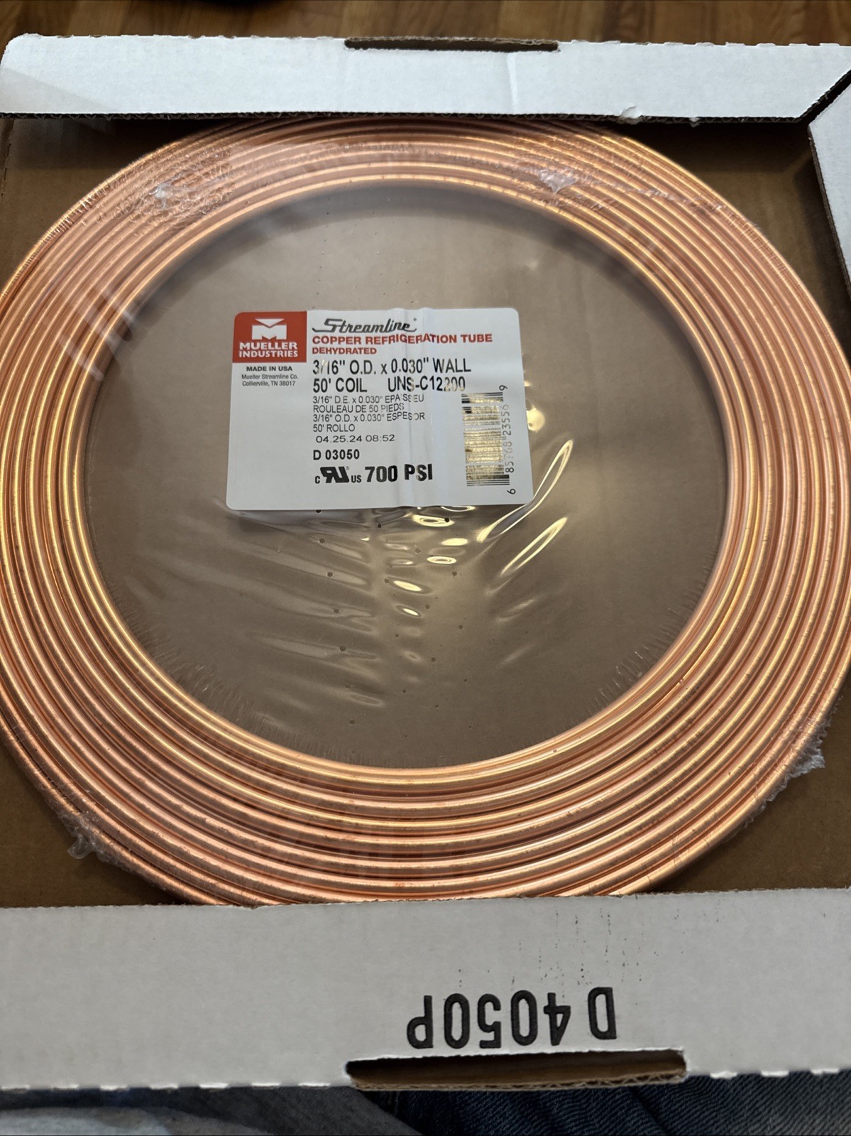 Mueller Industries Copper Refrigeration Tube 3/16″ x 0.030″ x 50′ D03050