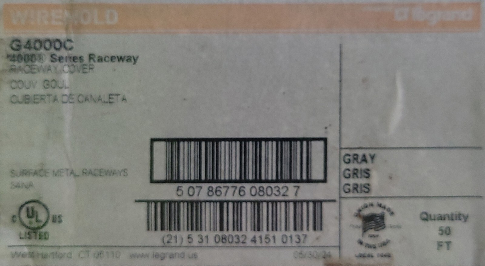 (10) Wiremold G4000C Raceway Cover, 4000 Series, Gray, 4-3/4″ x 5′ Total 50’/box