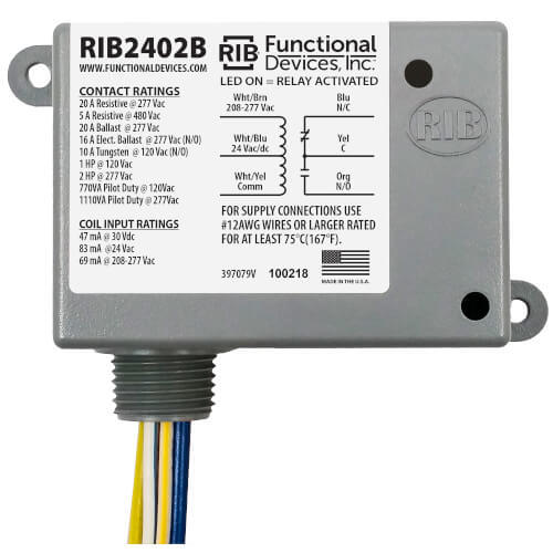 Functional Devices RIB2402B 20A SPDT Power Relay, 24V AC-DC-208-277V AC Coil