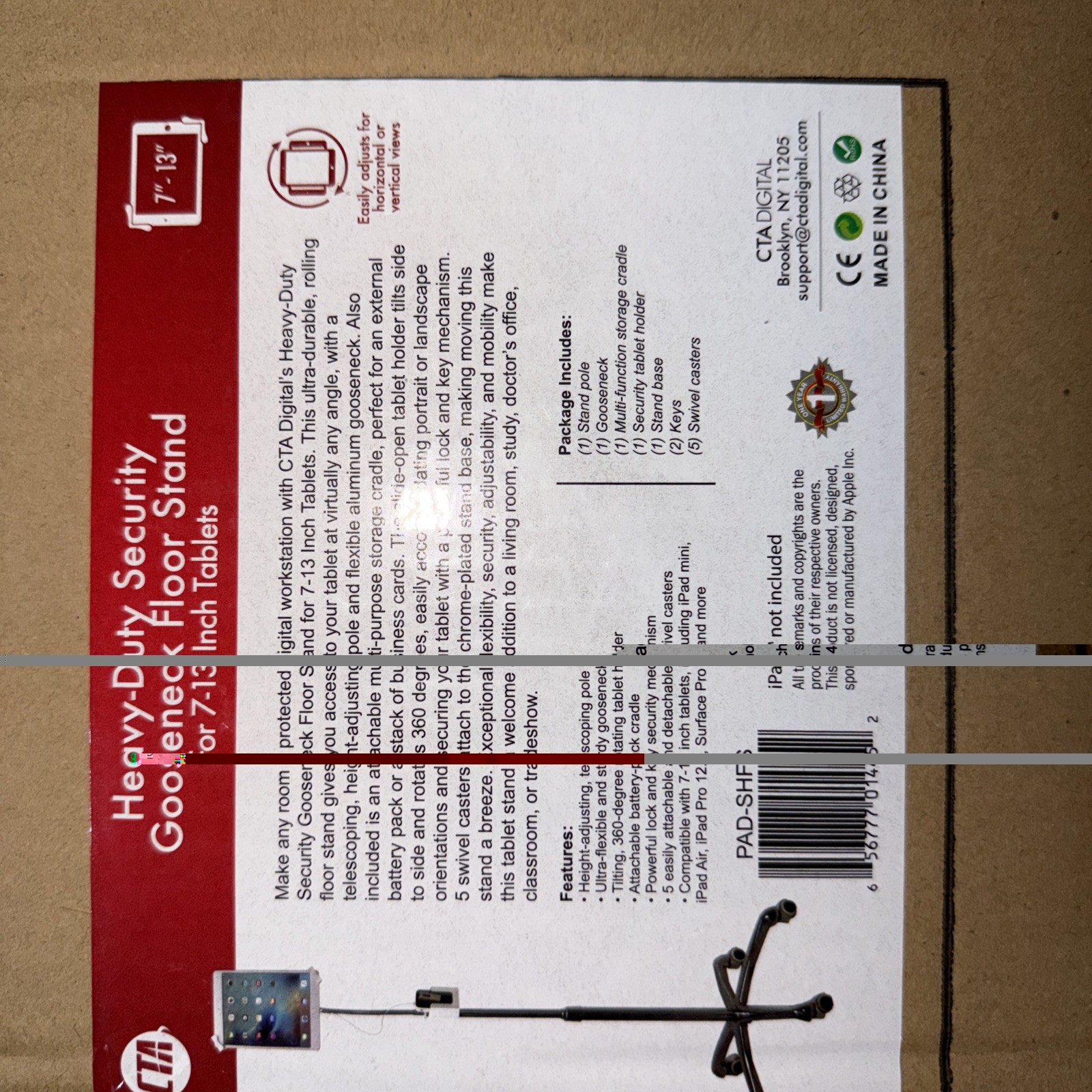 PAD-SHFS – CTA – HEAVY DUTY SECURITY GOOSENECK FLR STAND FOR 7-13″ TABLETS – NEW