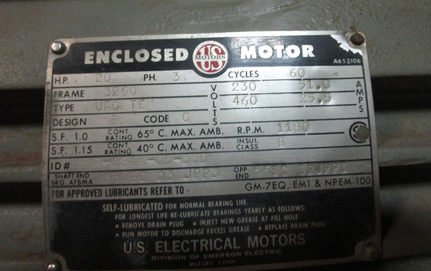 U.S. Electrical Motor 20 HP 3 Phase 1180 RPM 3260 Frame 230/460 Volts 51104LR