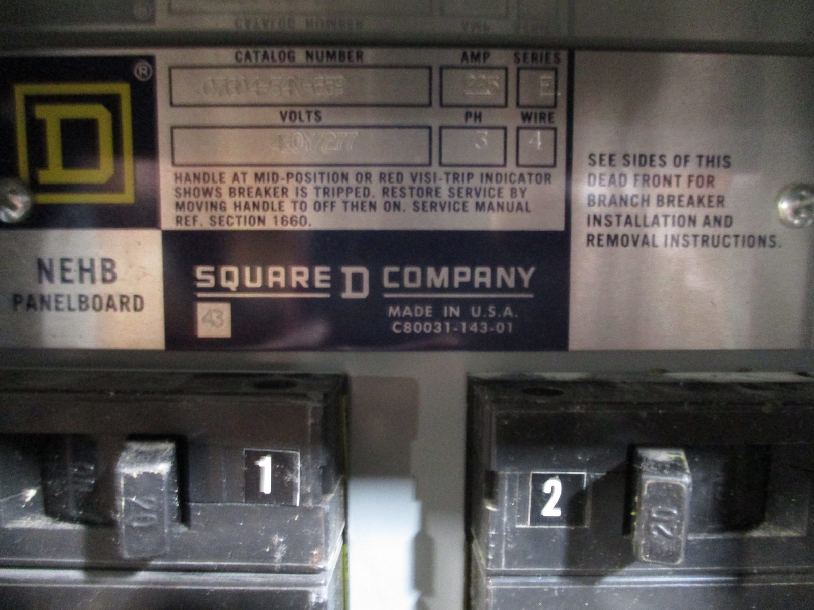 Square D Main Lug Circuit Breaker Panel 07604-5-N-659 480Y/277V 225A 3PH 4W Used