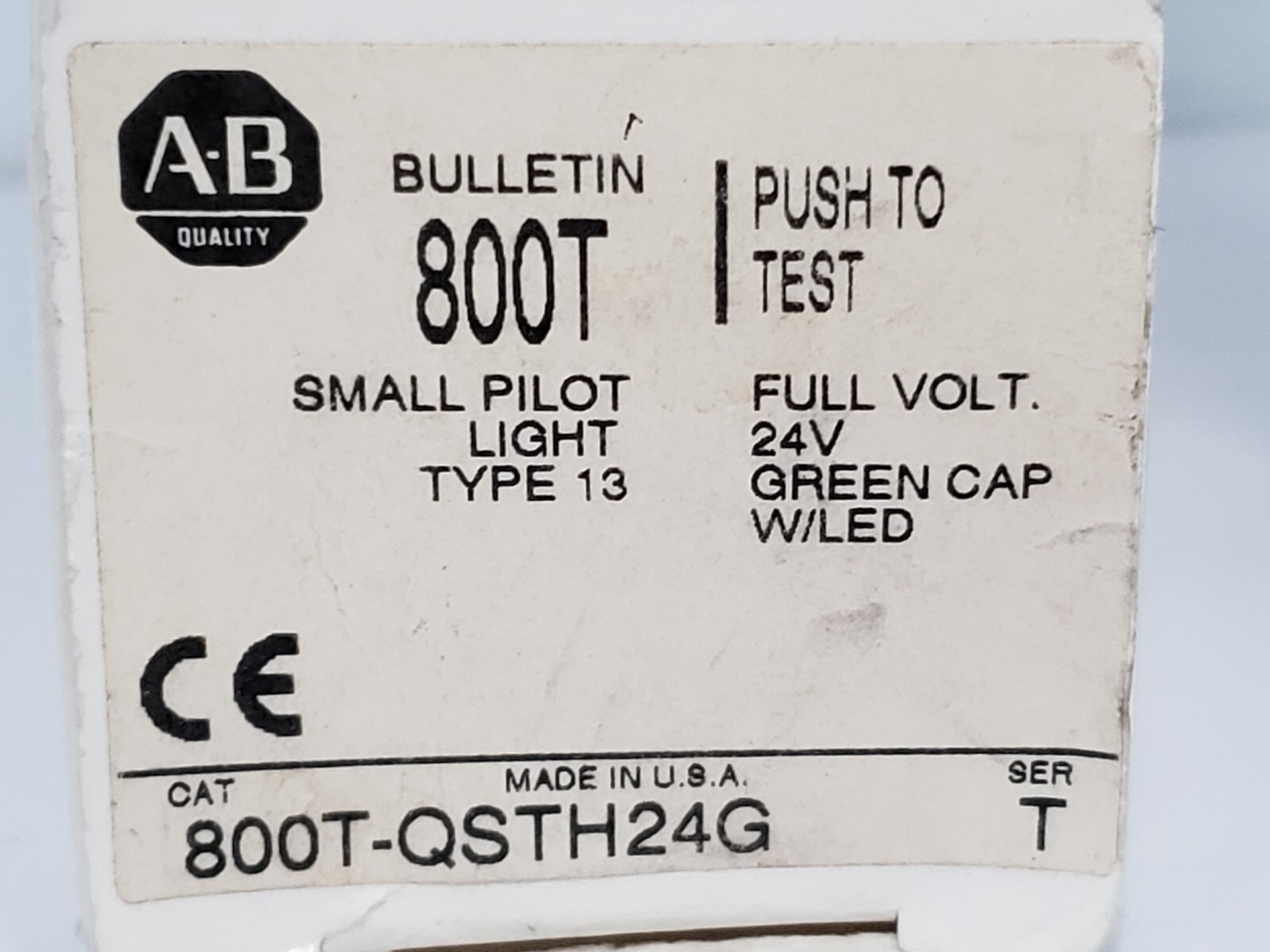 ALLEN BRADLEY 800T-QSTH24G PILOT LIGHT PUSH TO TEST GREEN CAP W/LED SERIES T NIB