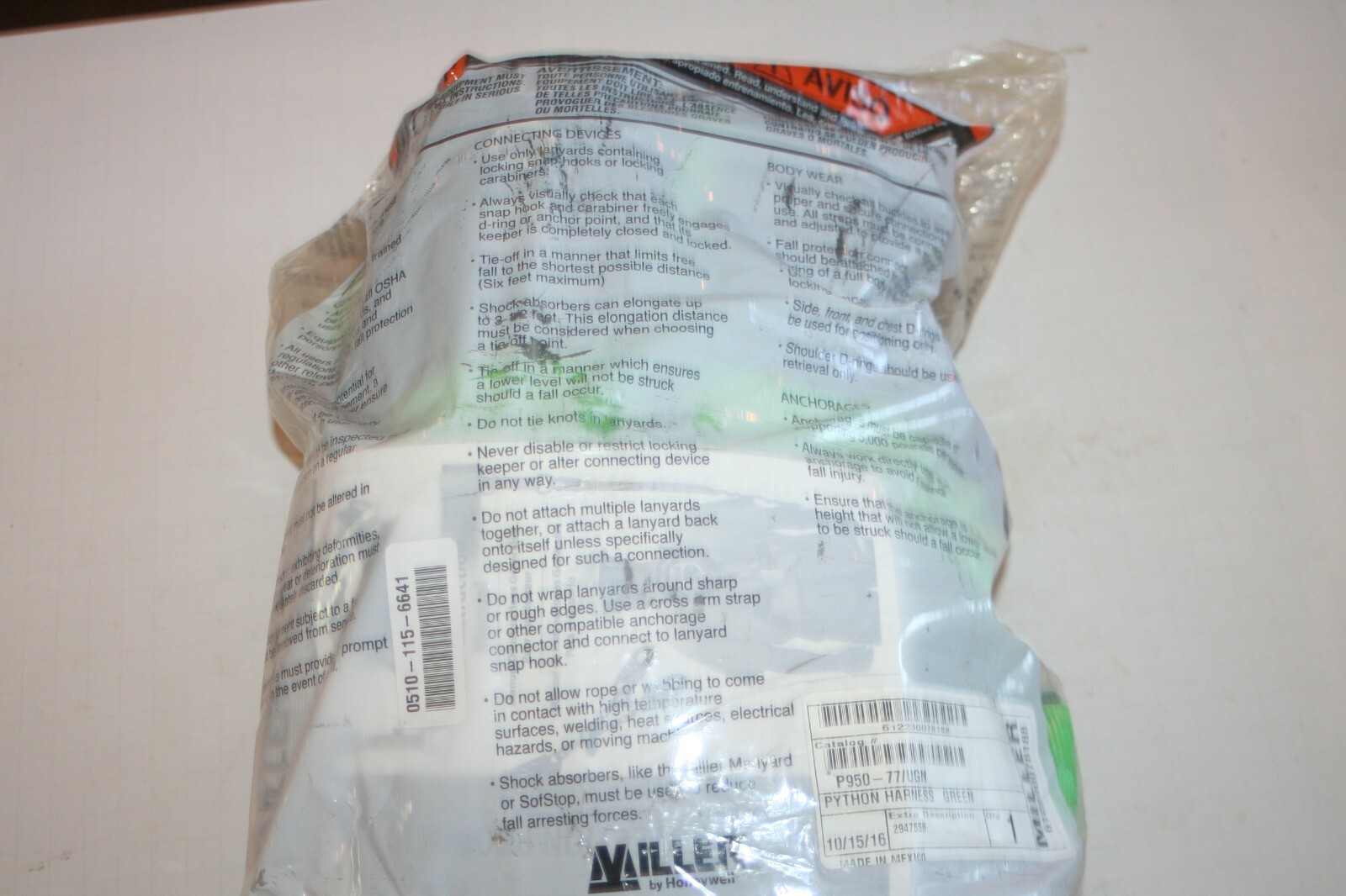 MILLER HONEYWELL P950-77/UGN DURAFLEX PYTHON Full Body Ultra Harness Green