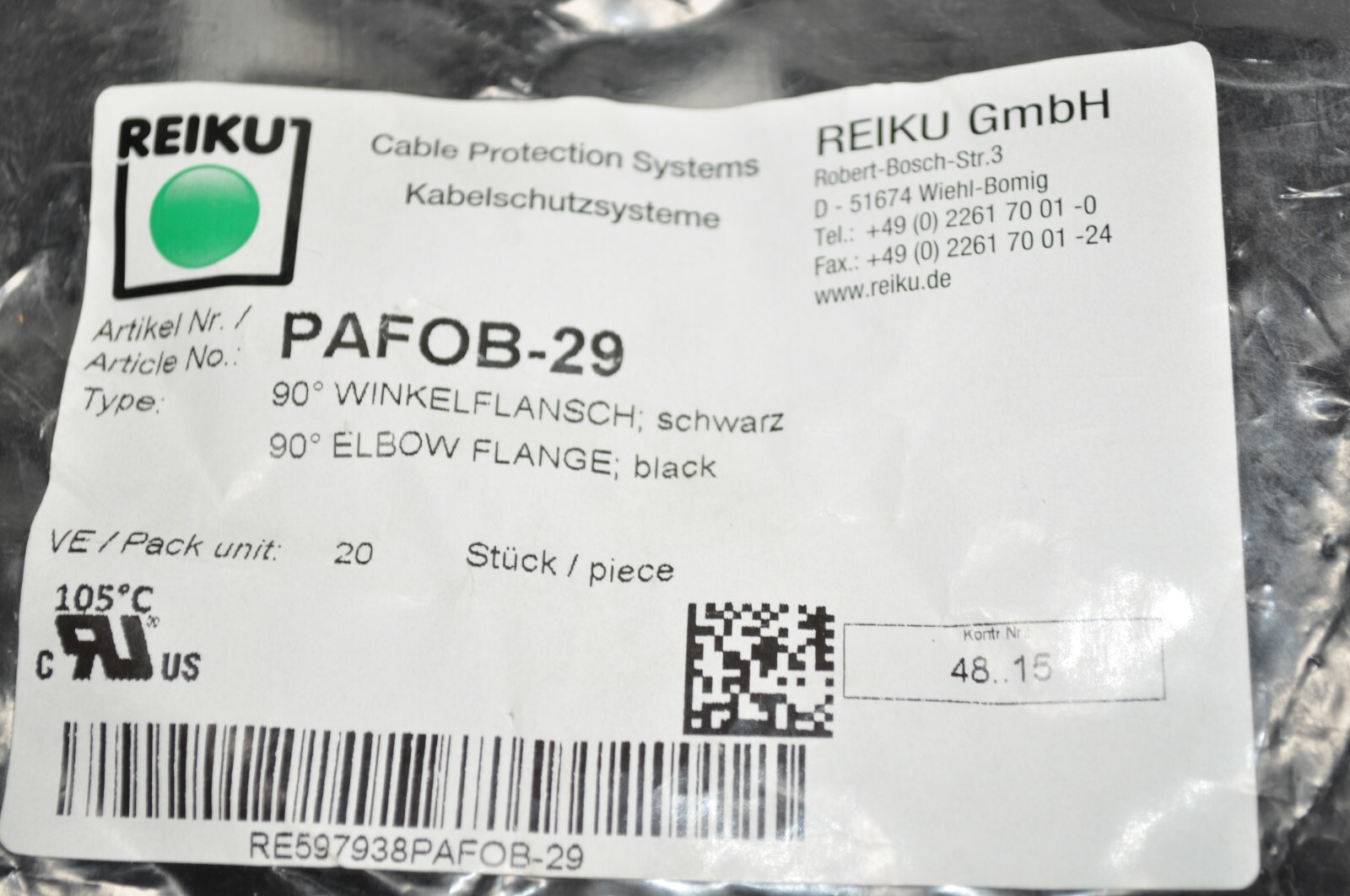 Bag of 20 REIKU 29mm NW Black Polyamide 90° Elbow Flange w/o Gasket