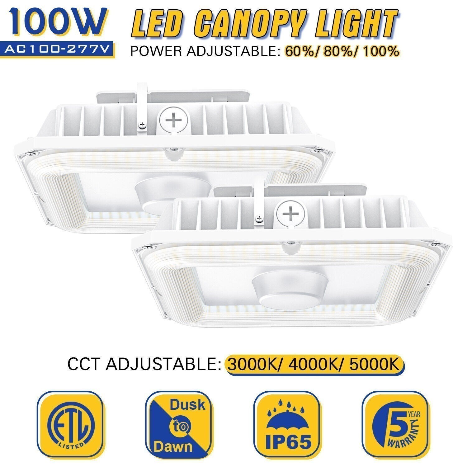 2Pcs 100W LED Gas Station Canopy Light Commercial Parking Lot Lamp 13500LM 5000K