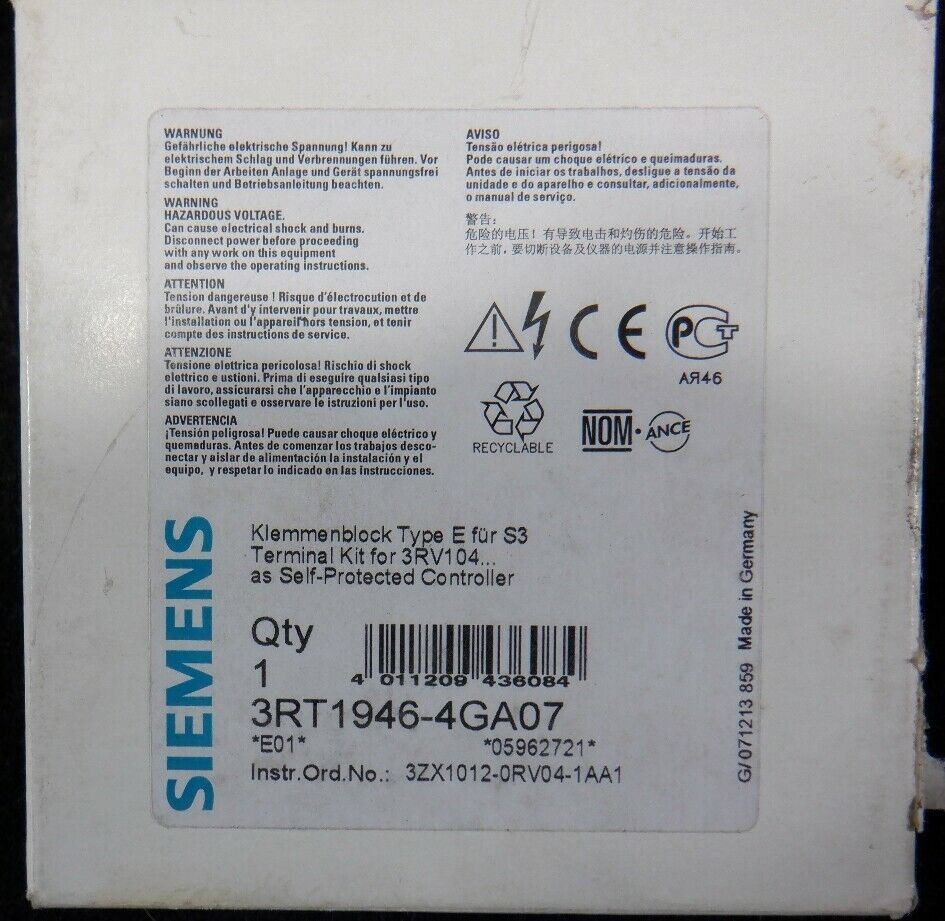 Siemens 3RT1946-4GA07 Terminal Kit For 3RV104