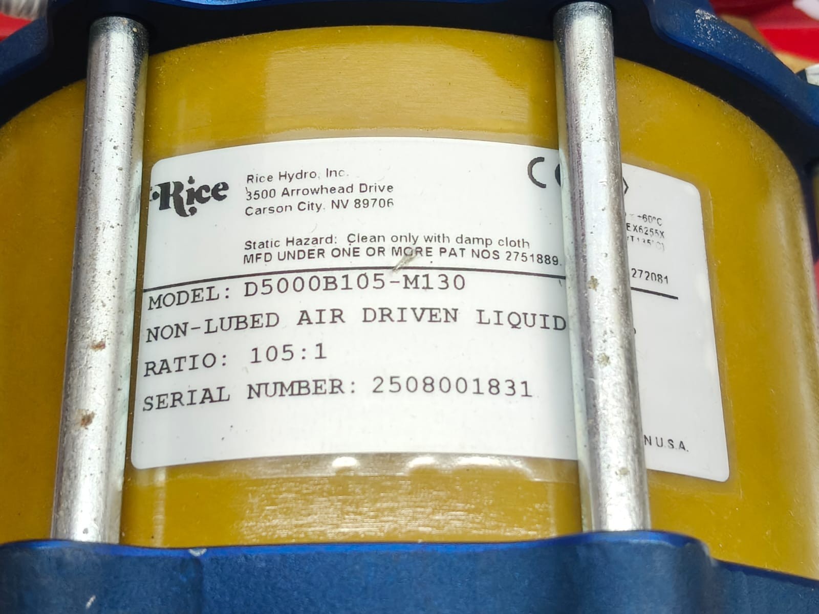Rice Hydro Inc. HP-10 D5000B105-M130 Pneumatic Driven Hydrostatic Pump 10,000PSI