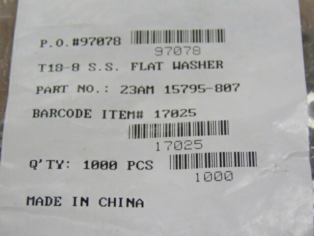 MIL-SPEC MS15795-807 Qty of 2000 per Lot T18-8 S.S FLAT WASHER