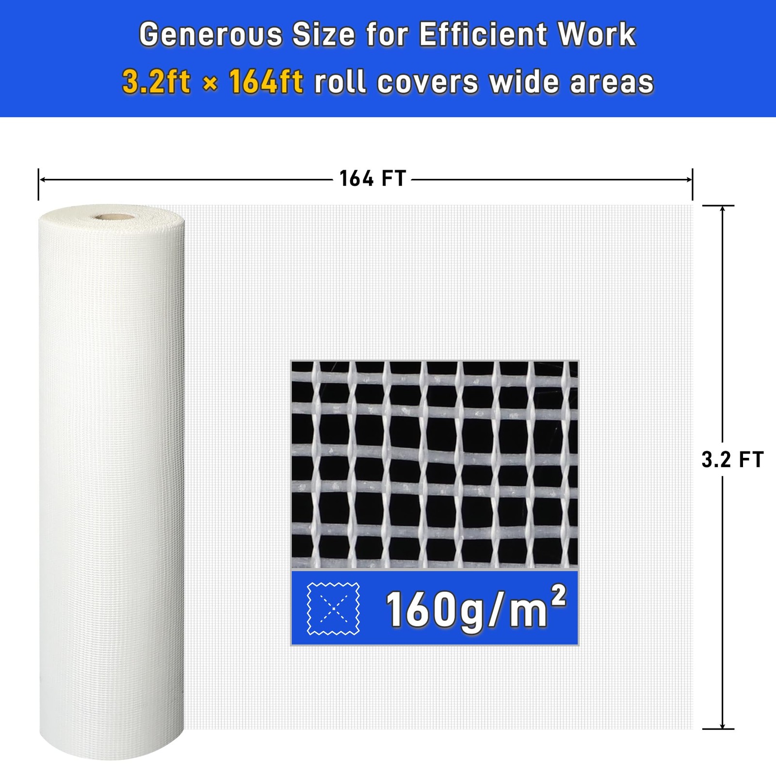 Fiberglass Mesh Roll 3.2×164 FT Plastering Mesh for Wall Crack Repair, Alkali…