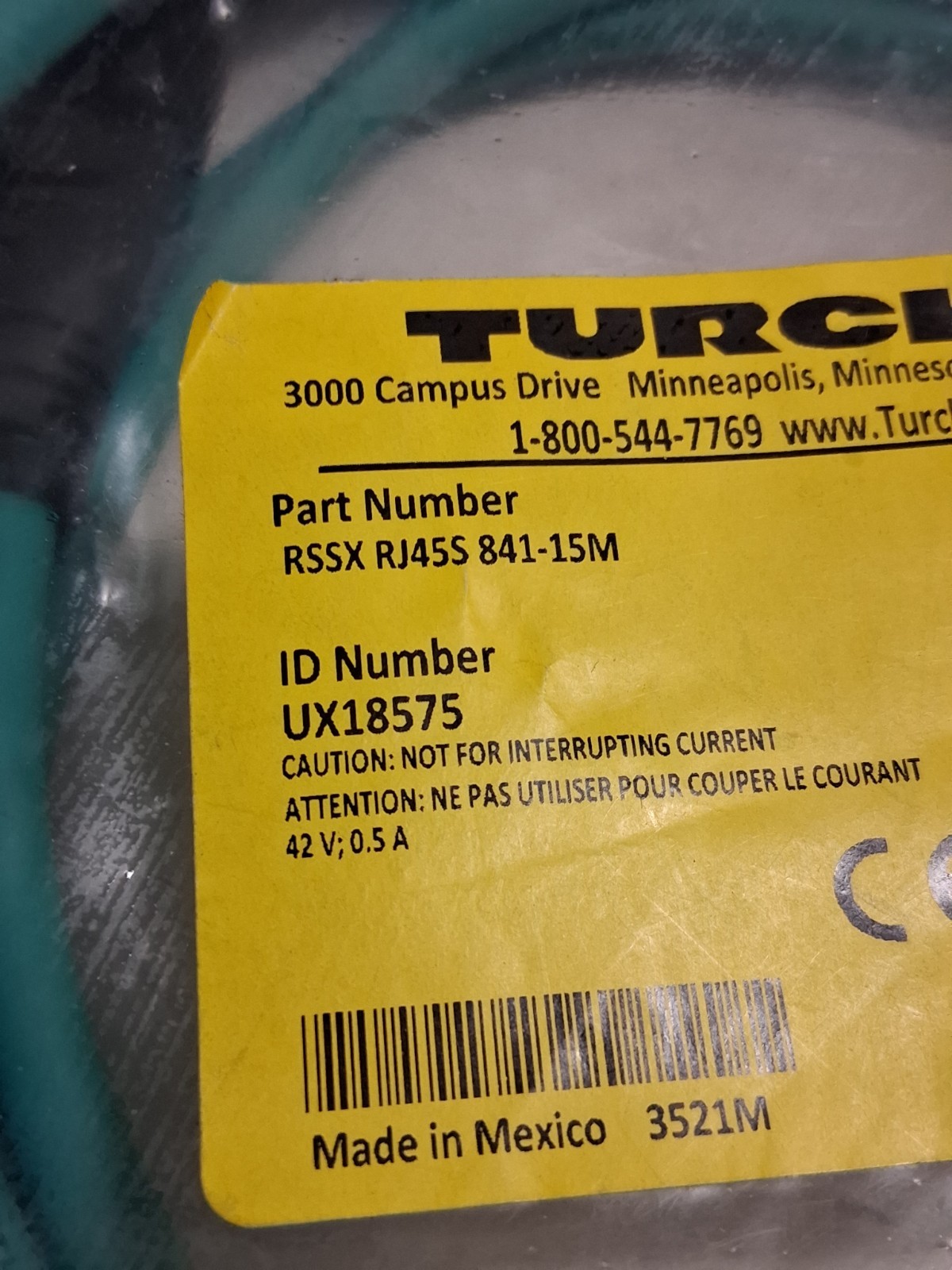 TURCK RSSX RJ45S 841-15M INDUSTRIAL ETHERNET CABLE UX18575 42V 0.5A NIB