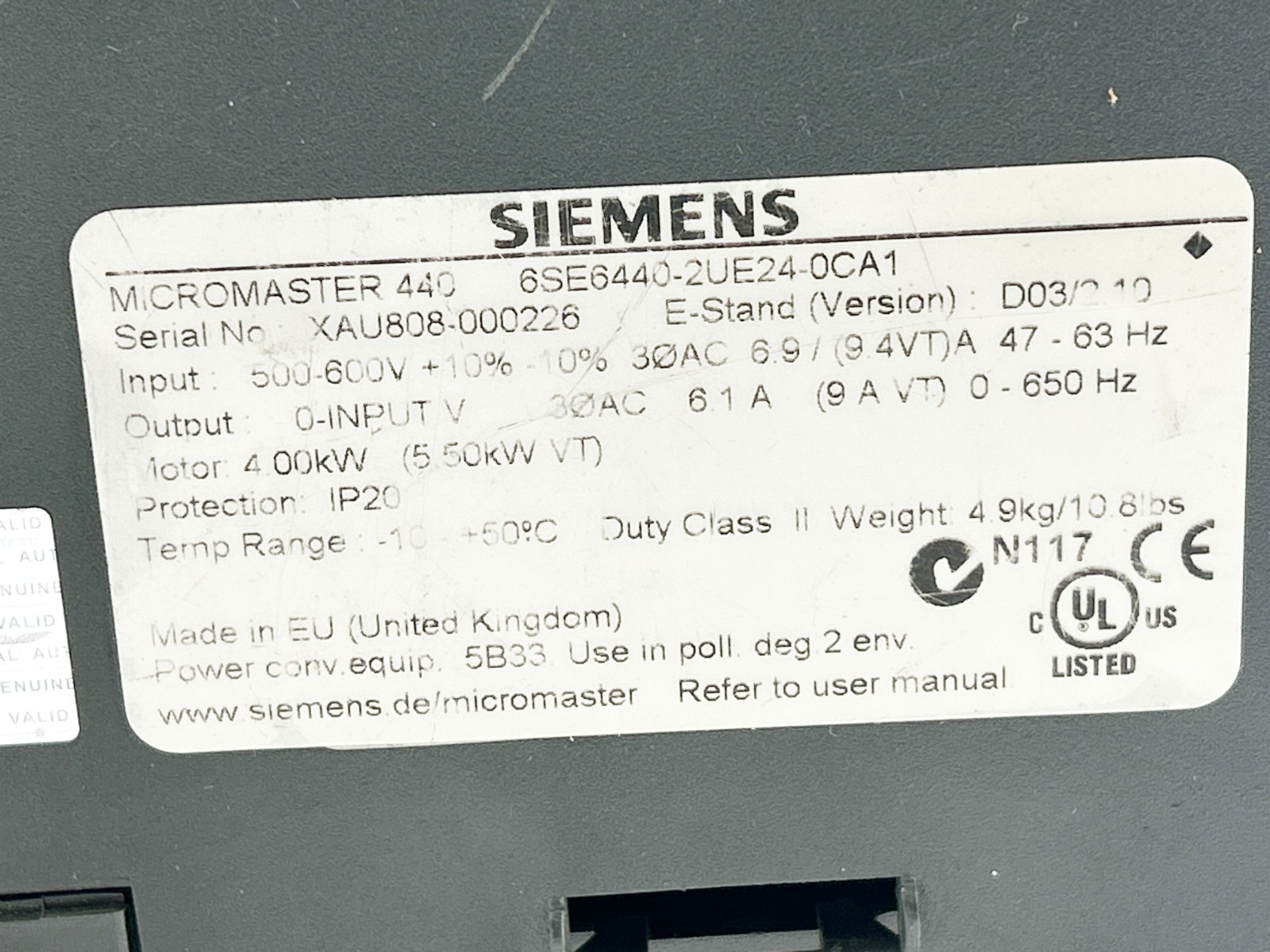 Siemens 6SE6440-2UE24-0CA1 AC Drive 440 5HP 6.1A 600V 2.2KW 63Hz – Missing Parts
