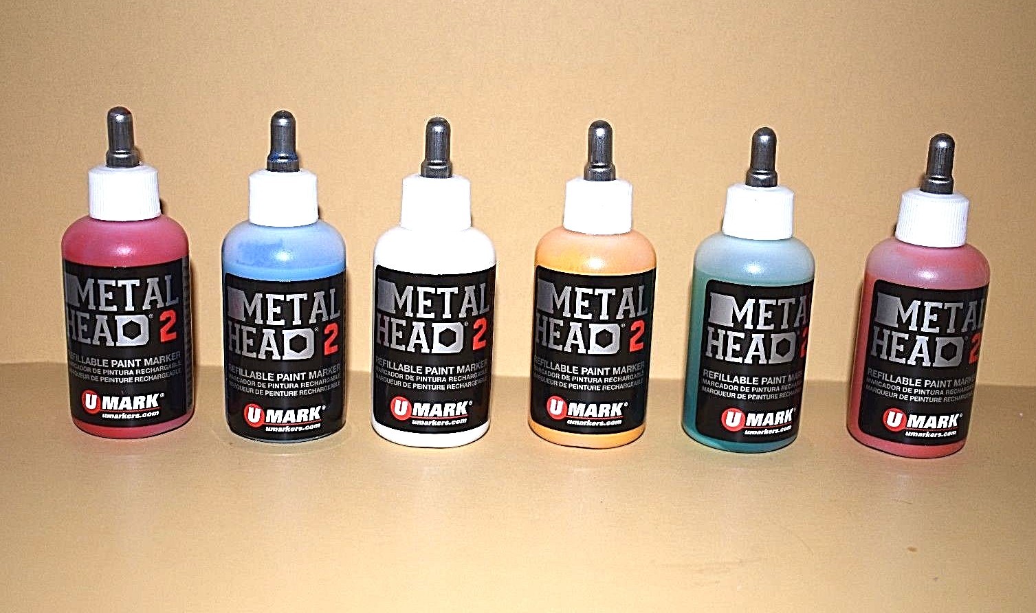 6 Metal Head2 Paint Marker 2 Oz Metal Marking Green Yellow Red Blue White Orange