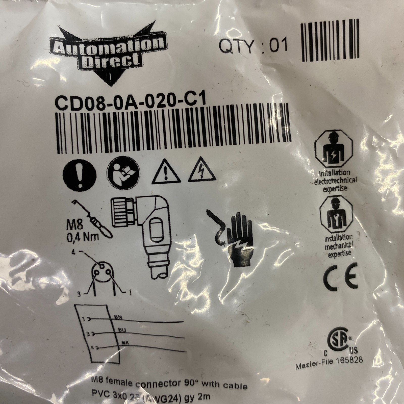 Automation Direct CD08-0A-020-C1 Cable,Female Connector 90 With Cable PVC 3X0.25