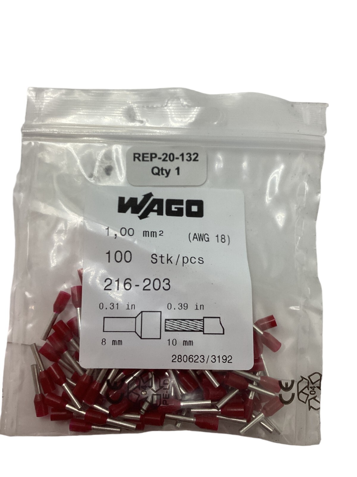 Bag of 100 Wago Ferrule Red &Blue 1 Mm² / Awg 18 Insulated with 1/2 Connector