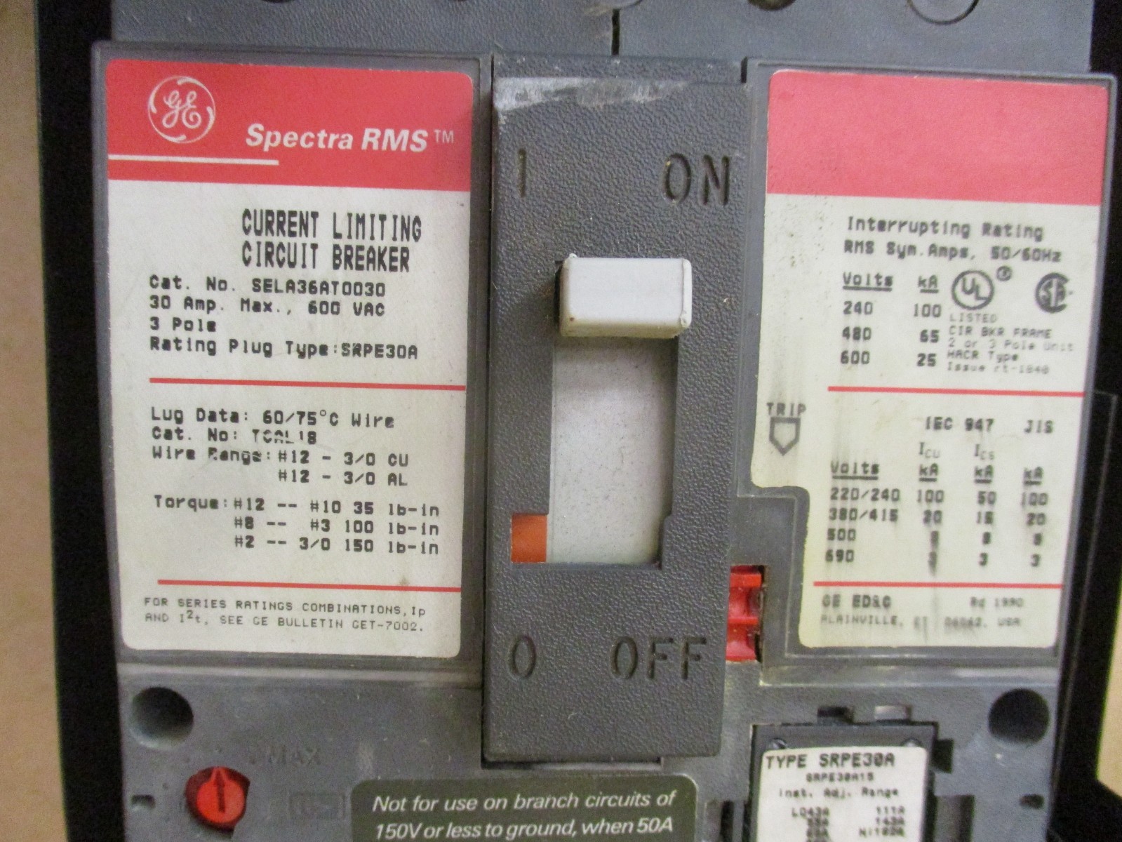 GE Spectra RMS SELA36AT0030 Current Limiting Circuit Breaker 30A Max. 53135PRX