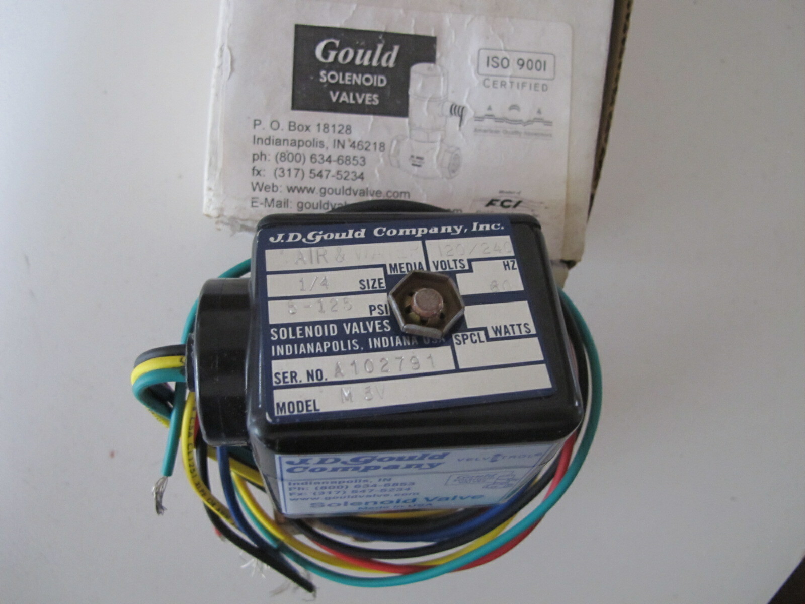 J.D. Gould M-3V Brass Solenoid Valve 1/4″ NPT 120v – 240v 5-125 psi – New