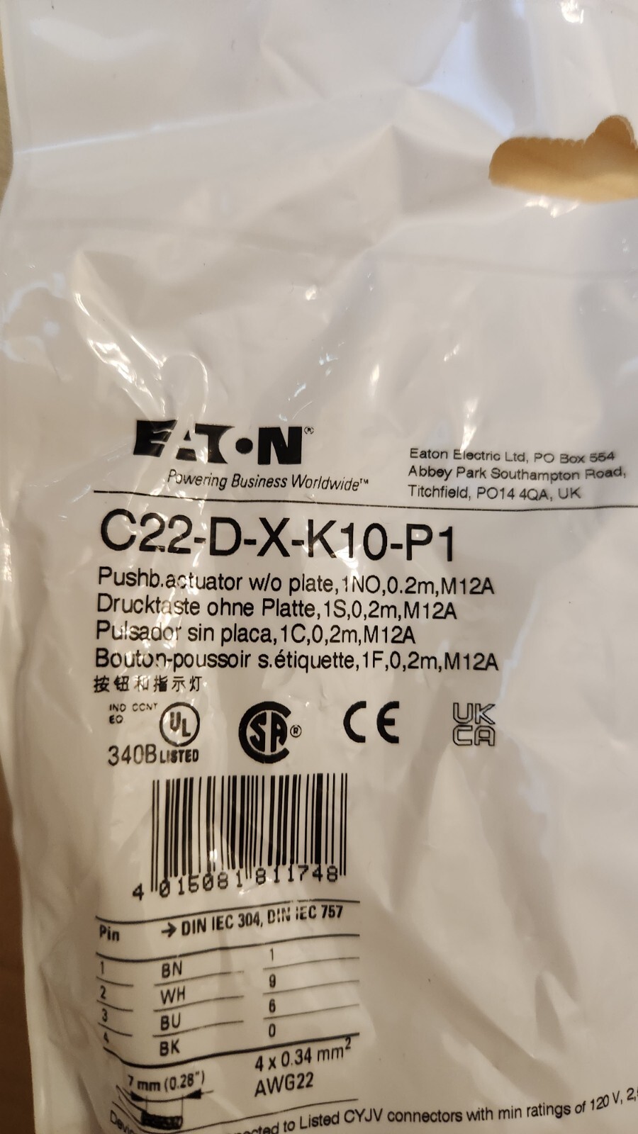 Eaton Cutler Hammer, C22-D-X-K10-P1, NON-ILL MOM PB, 1NO M12, W/ Green Plate