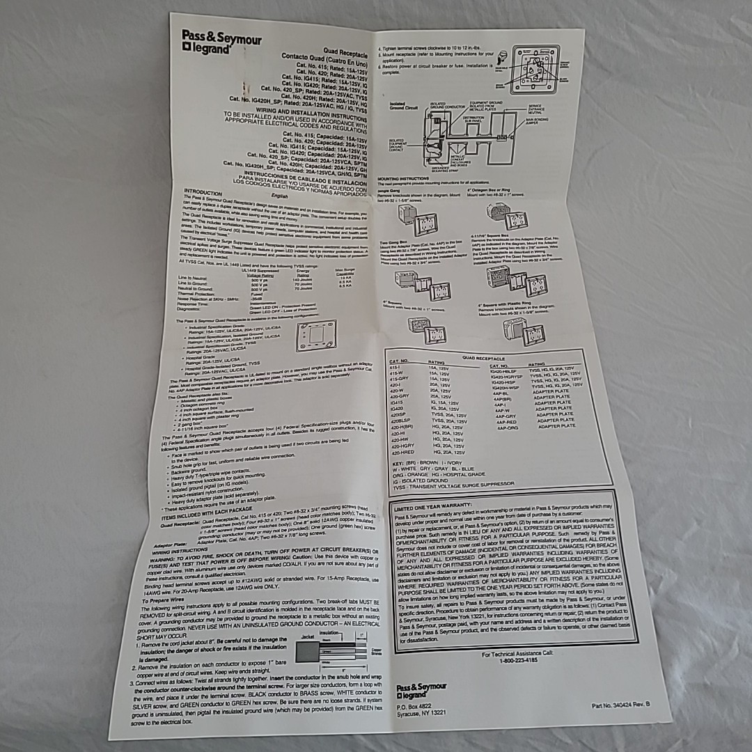 PASS & SEYMOUR 420-I QUAD RECEPTACLE. Leviton 20A-125V. New Open Box.