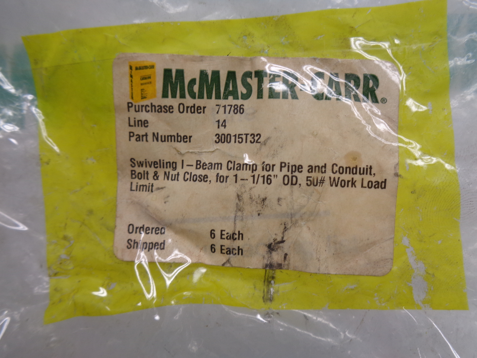 MCMASTER CARR 30015T32 I-BEAM CLAMP PKG OF 6 NSMP