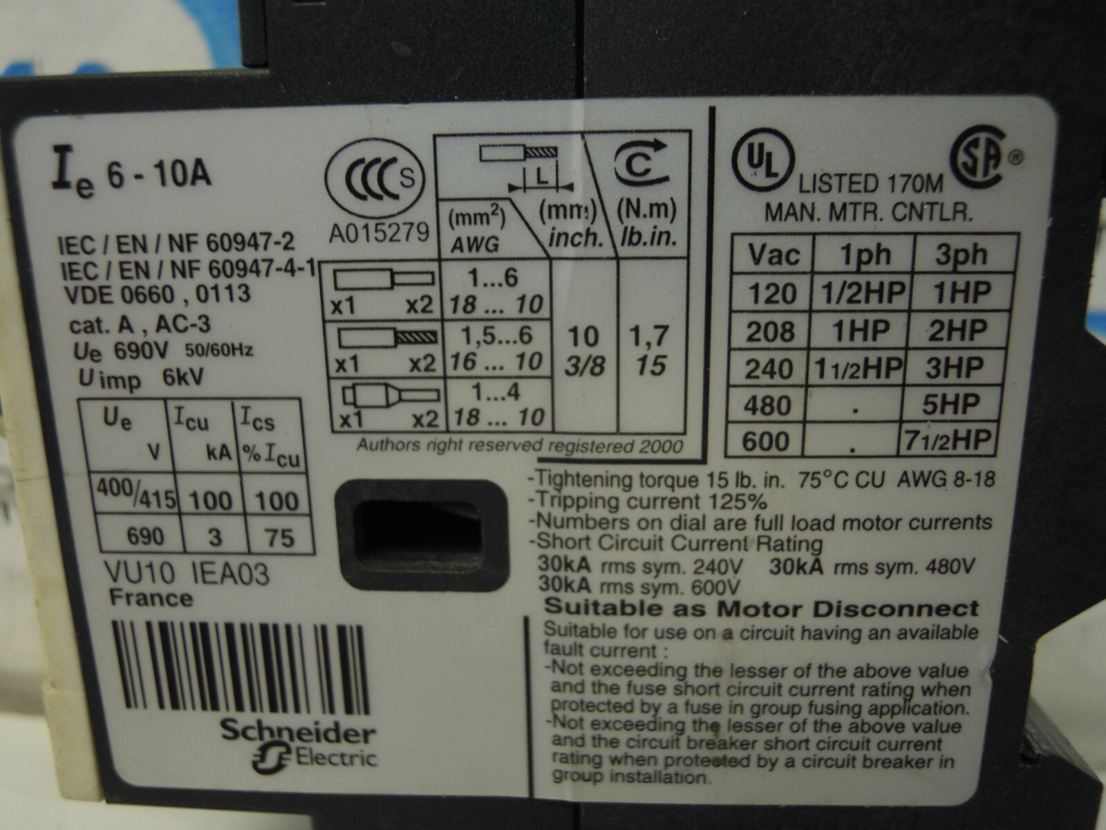 TELEMECANIQUE SCHNEIDER GV2ME14 MOTOR CIRCUIT BREAKER 6-10A 3P 690V 7-1/2HP 3PH