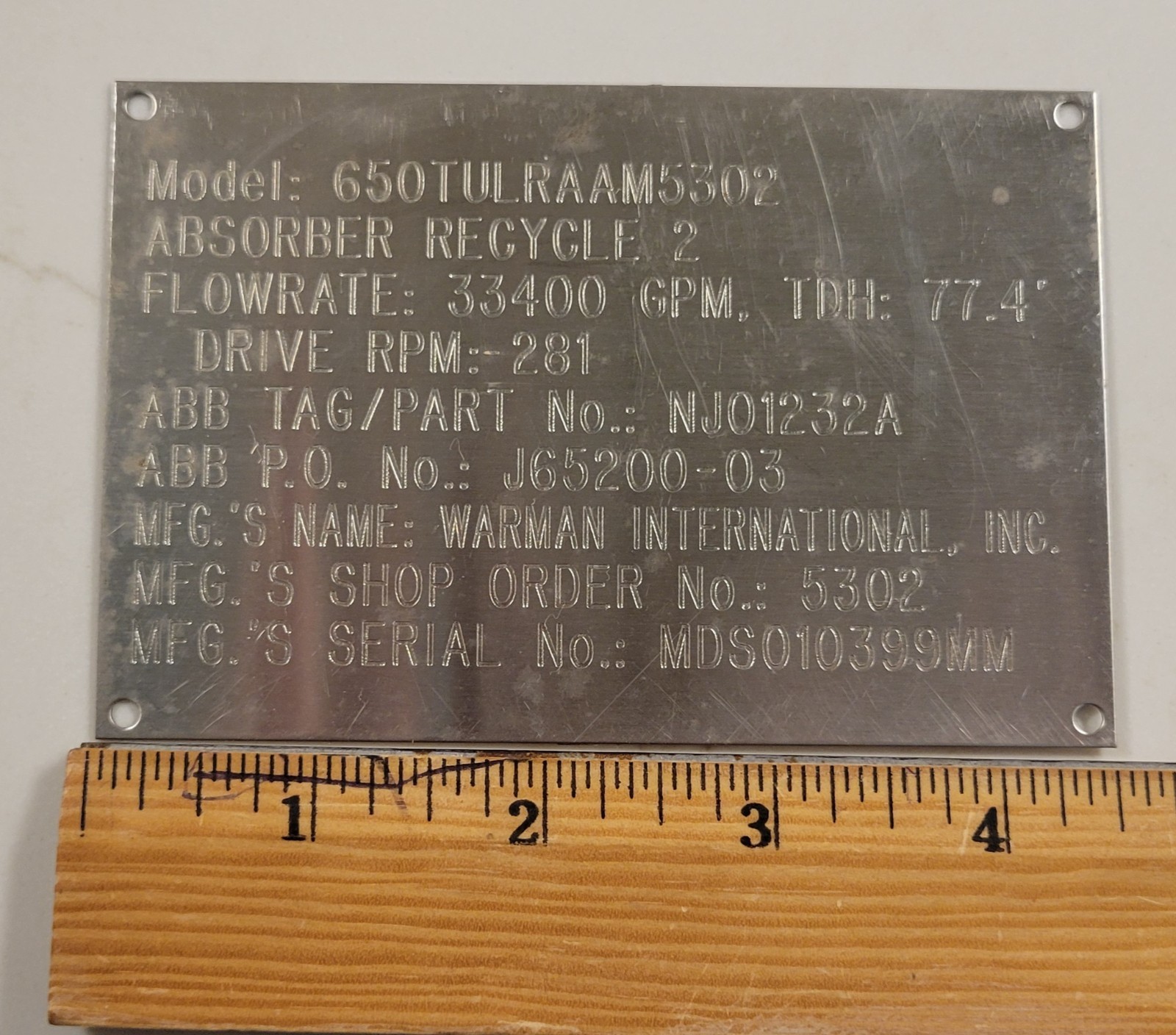 WARMAN INTERNATIONAL, INC. Model 650 PUMP Aluminum Data Tag