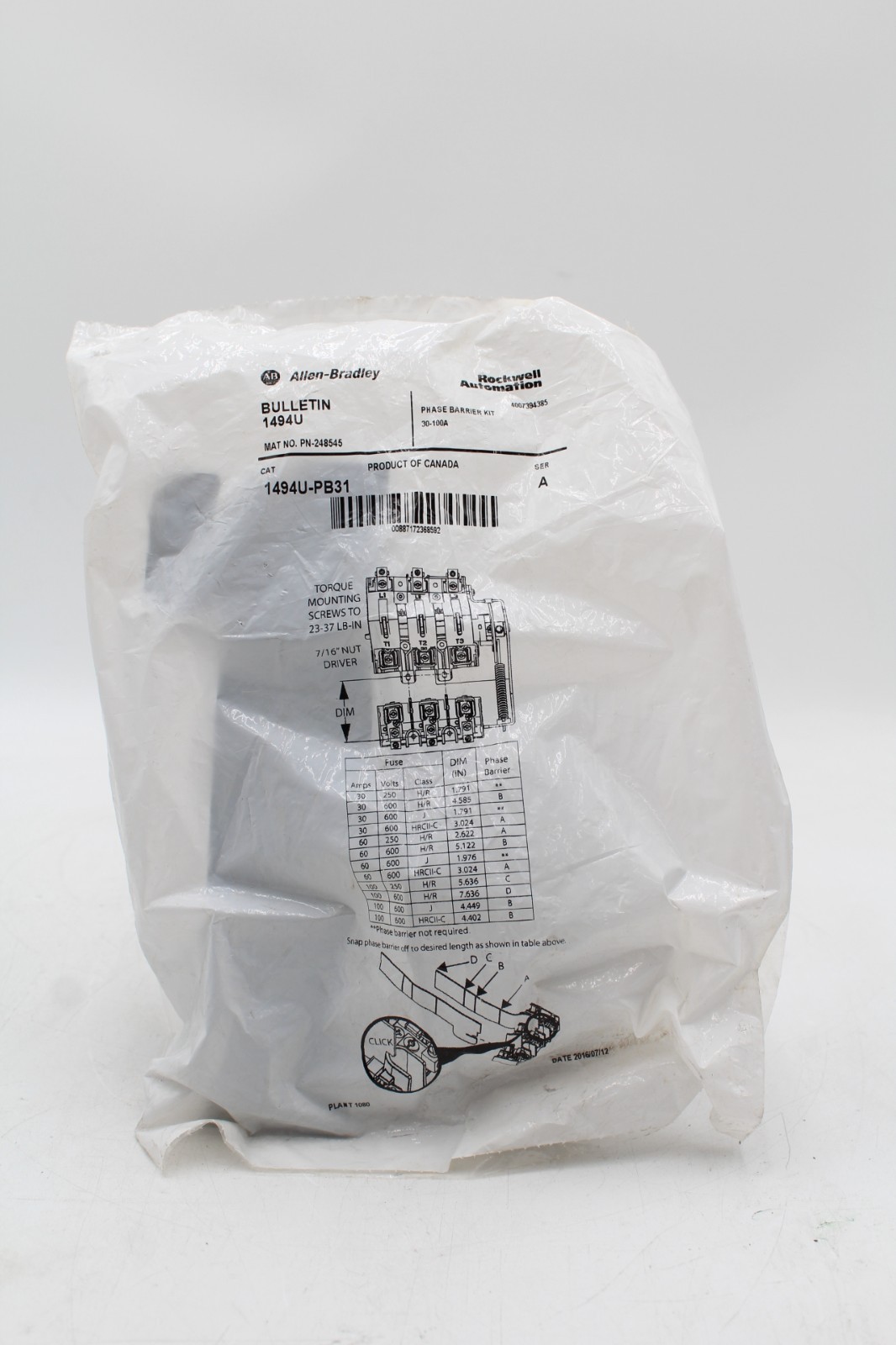 Allen-Bradley 1494U-PB31 30-100 Amp Phase Barrier Kit