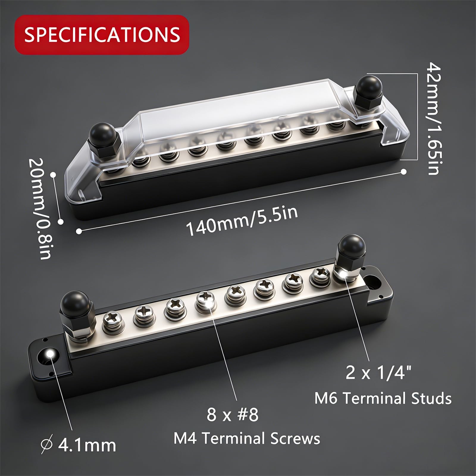 Aienxn 150A 12V Bus Bar 150A, Type A: 2 x M6 Studs & 8 x M4 Screws(BK+R)