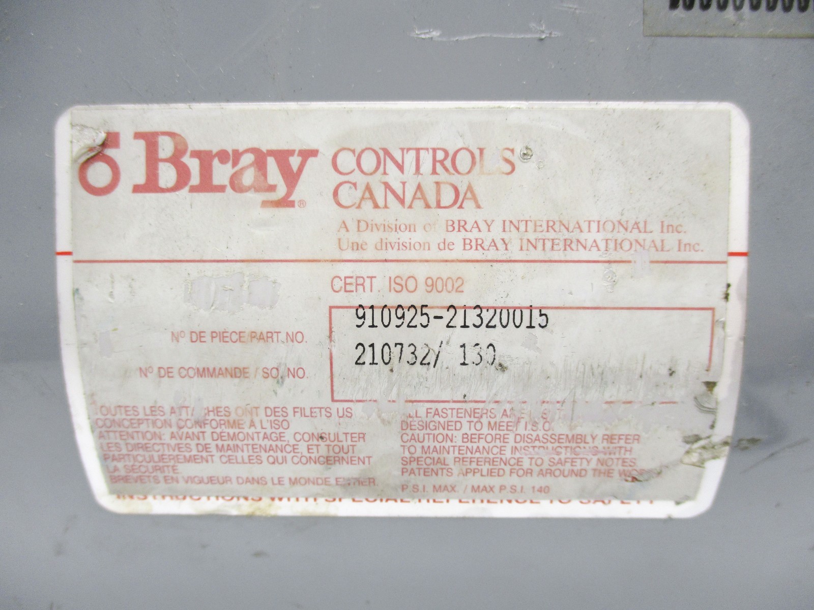 BRAY CONTROLS 910925-21320015 UNMP