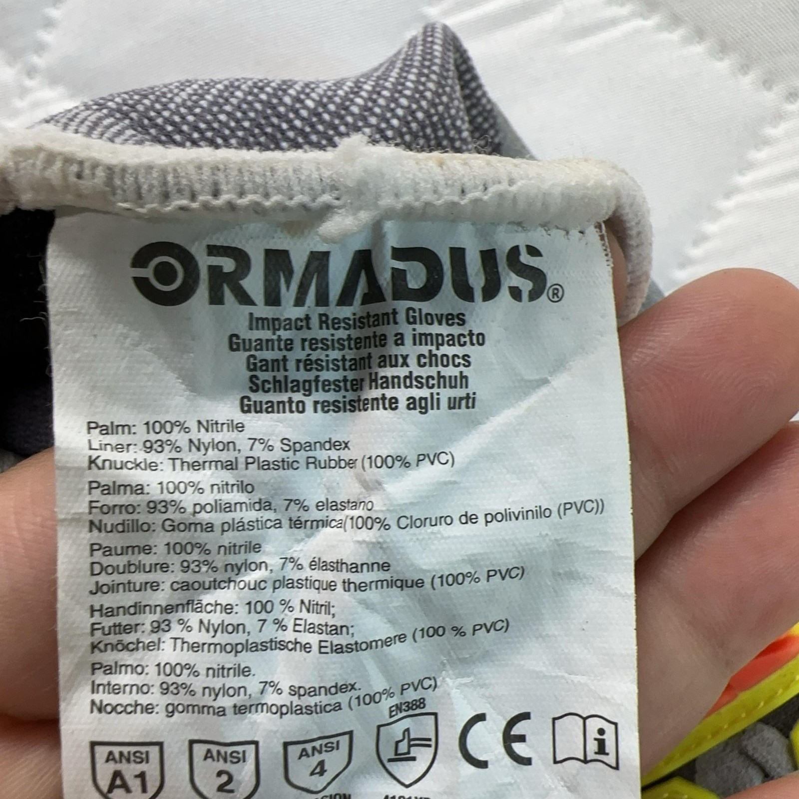 ORMADUS Impact Resistant Work Gloves Large L/9 Gray Hi-Vis Red Yellow ANSI A1