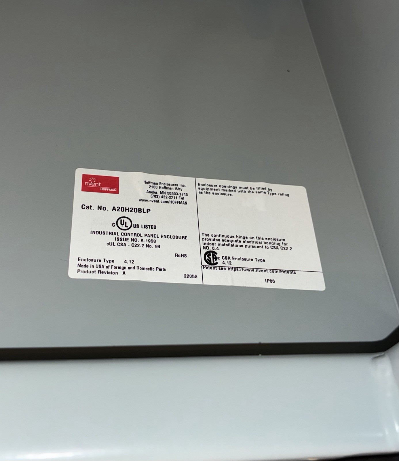 Hoffman A20H20BLP Enclosure 20X20X8 Single Door Multiple Available. See Listing