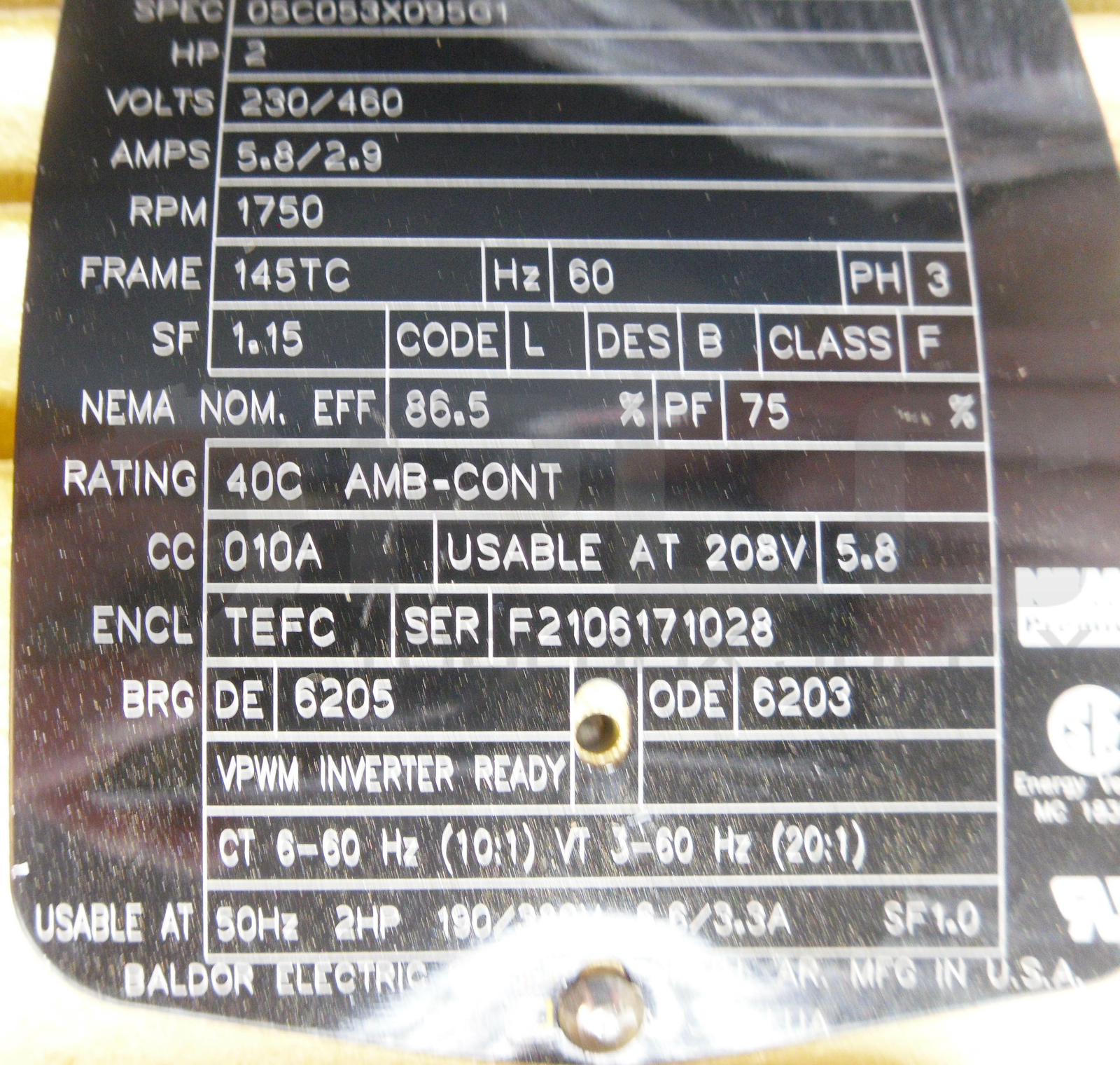NEW BALDOR VEM3587T SUPER E MOTOR SPEC 05C053X095G1 HP 2 230/460V RPM 1750