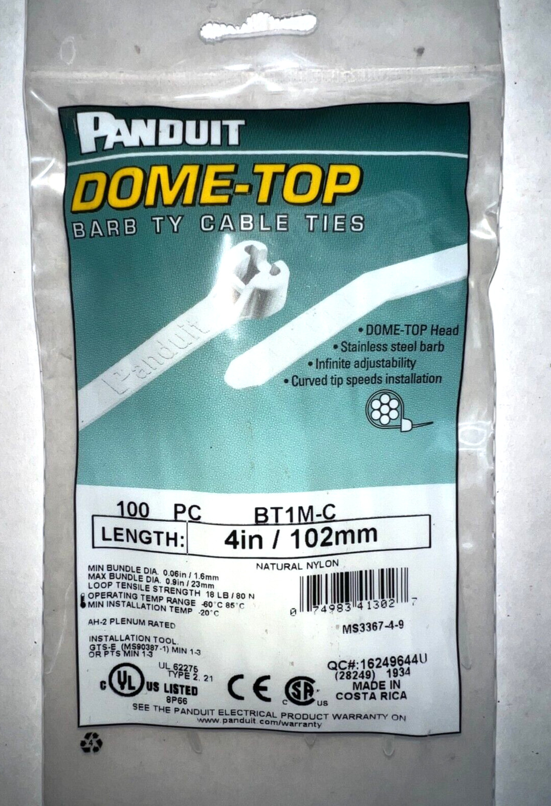 PANDUIT DOME TOP BARB TY CABLE TIES WHITE LENGTH 4IN/102MM LOT OF 13
