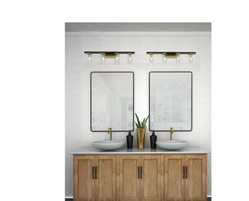 H B Boswell Quarter 4-Lt Vintage Brass Light w/ Black Distressed Wood Accents