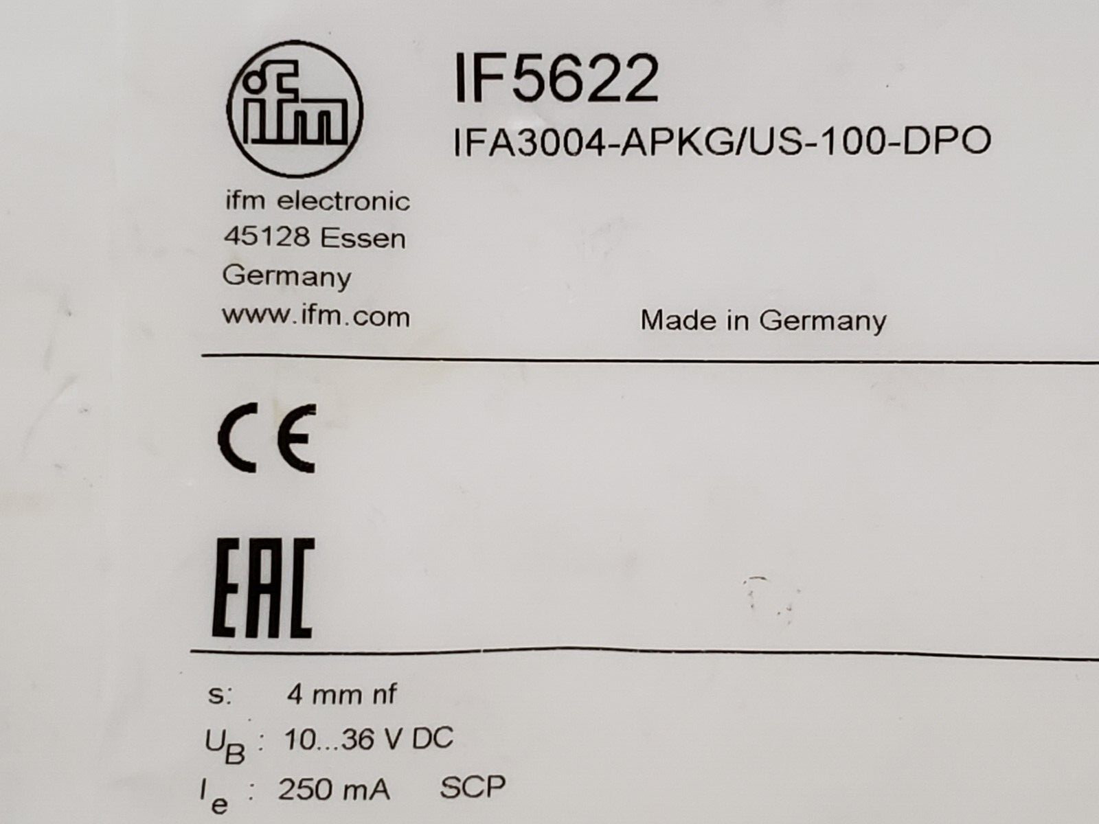 IFM ELECTRONIC IFA3004-APKG/US-100-DPO PROXIMITY SWITCH (IF5622) NIB