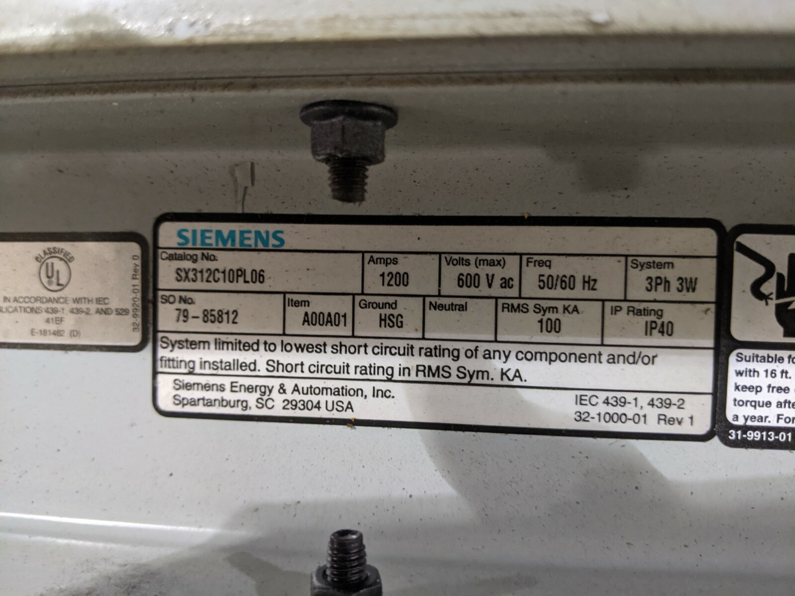 Siemens 1200 Amp Bus Duct SX312C10PL06 5’ section