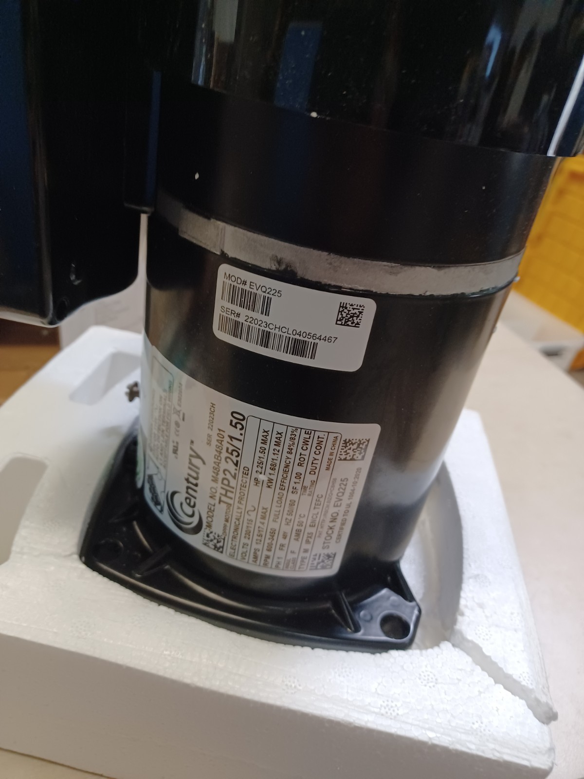 Century EVQ225 VGreen VS Motor 2.25HP 1 Phase 60Hz 230/115V 48Y Frame