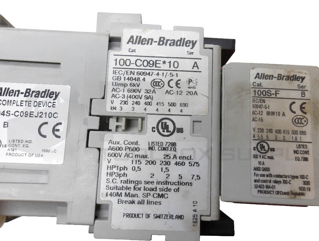 ALLEN BRADLEY 104S-C09EJ210C /B CONTACTOR W/ (2) 100-C09E*10 /A W/ (2) 100S-F /B