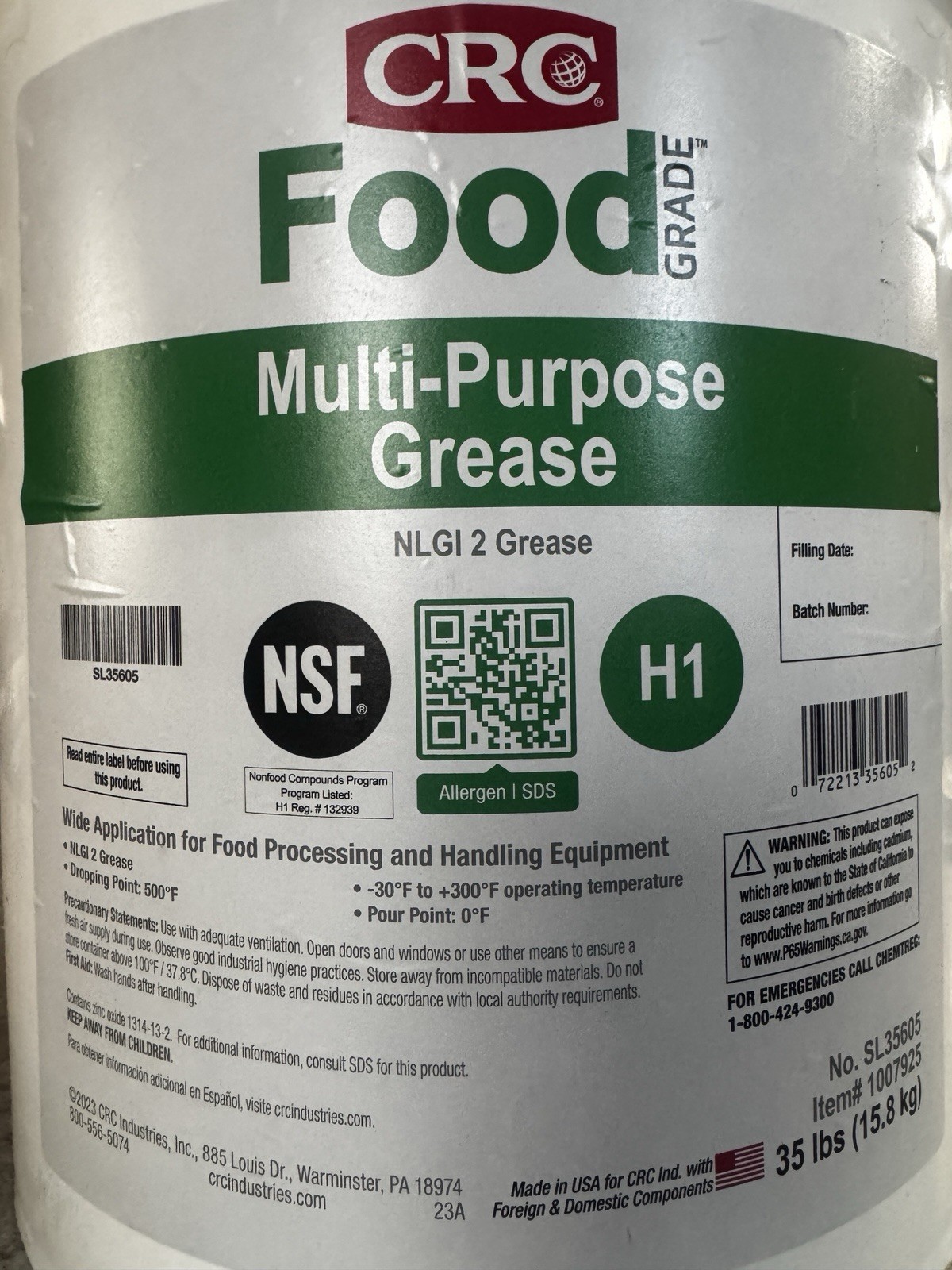 CRC Sta-Lube SL35605 Multi-Purpose Food Grade Grease 35 lb Pail – NEW