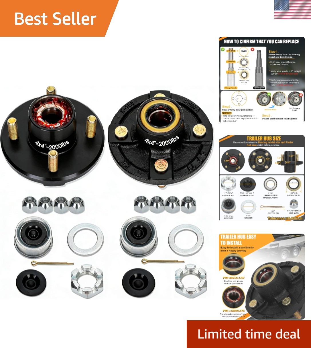 2 Sets 4 Lug Trailer Hub Kit for 2000 Lbs, for 1” BT9 Straight Axle Spindle …