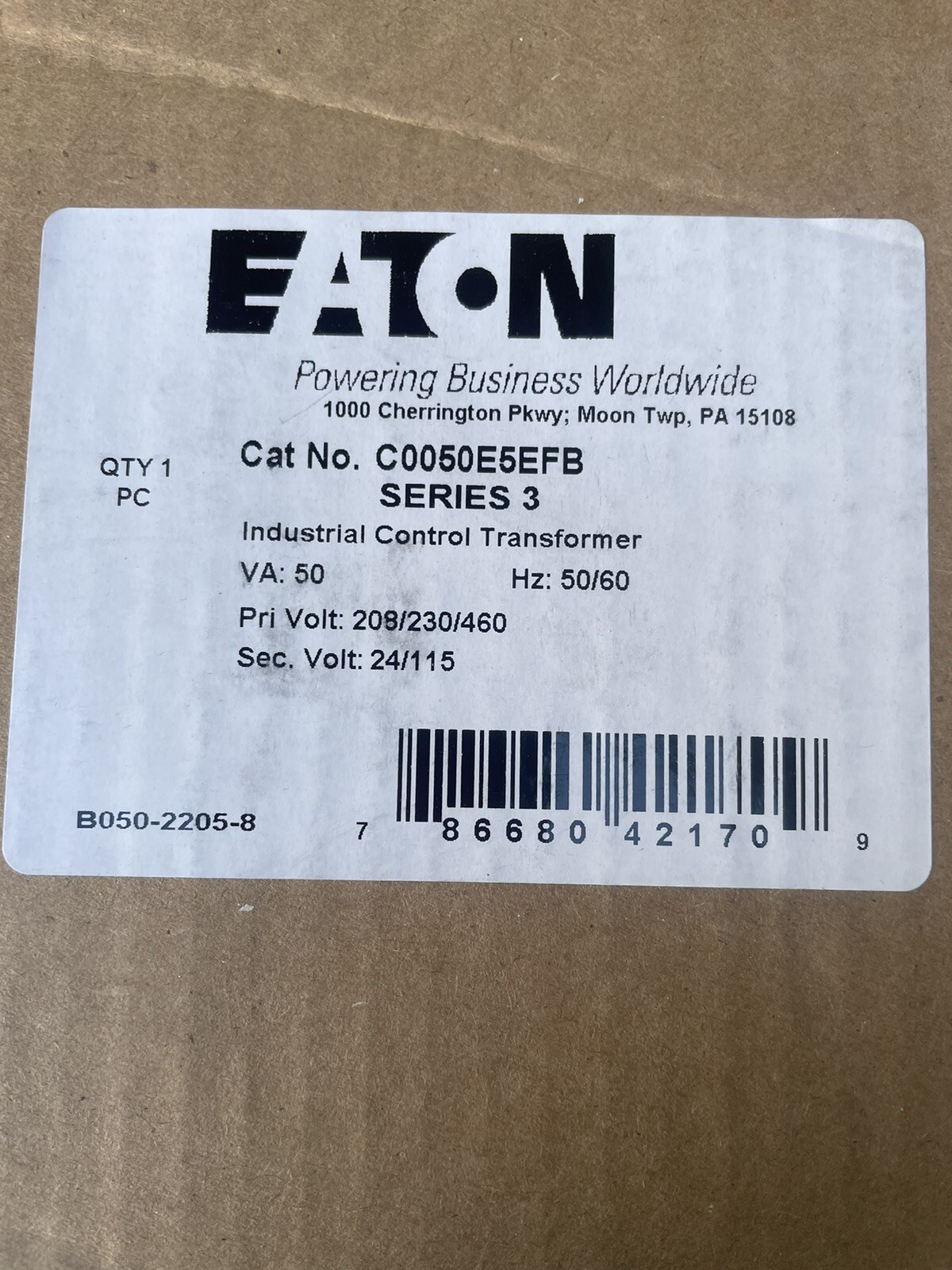 NEW IN BOX EATON CUTLER-HAMMER C0050E5EFB 50VA KVA TRANSFORMER