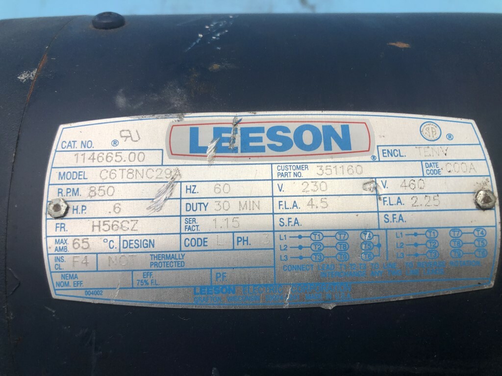 Leeson C6T8NC29A 0.6 HP 850 RPM H56C7 Frame Motor