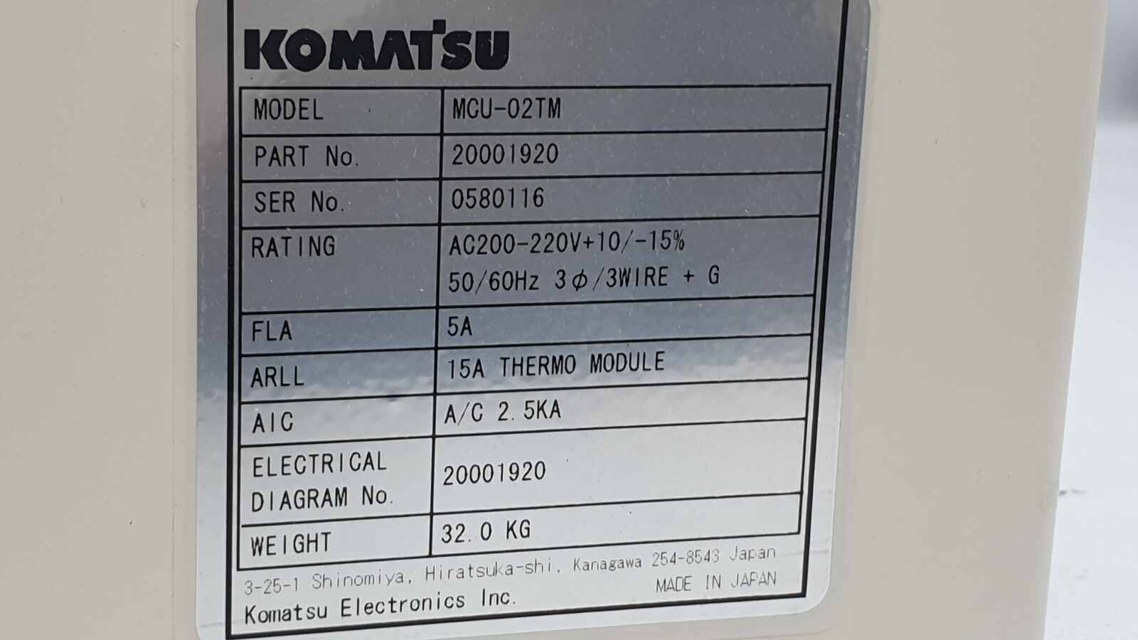 Komatsu MCU-02TM Control Unit, Part No. 20001920