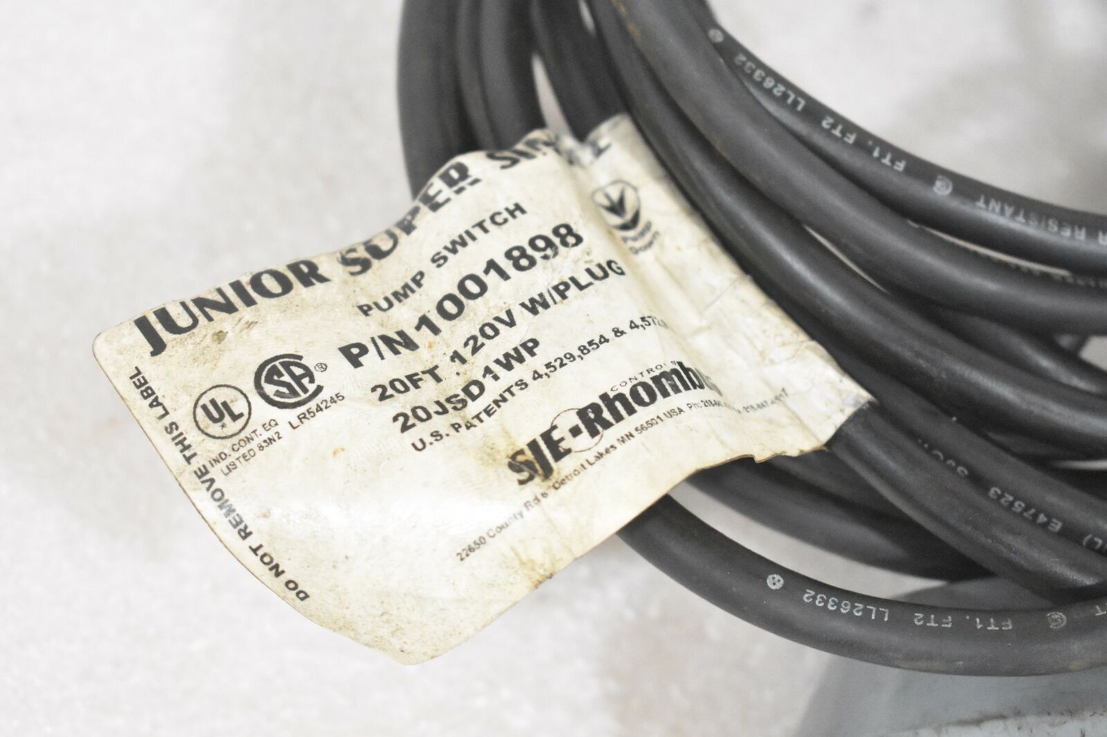 SJE-RHOMBUS 1001898 JUNIOR SUPER SINGLE PUMP SWITCH 20 FT. 120V W/ PLUG